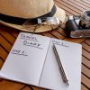 itinerary Hat, sunglasses, camera, sunglasses, notebook, map, on brown wooden surface. Travel diary. Departure for a journey and itinerary.